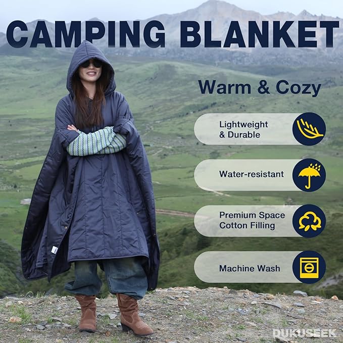 DUKUSEEK Outdoor Wearable Camping Blanket with Hood Large Packable Backpacking Hooded Stadium Blankets Lightweight Warm Quilt for Picnic Hiking Football 79X56