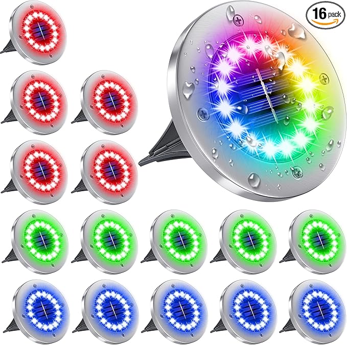 NFESOLAR 16 Pack Solar Lights Outdoor 16 LEDs Multi-Color Solar Ground Lights Waterproof Landscape Light for Pathway Garden Walkway Driveway Yard Decorations