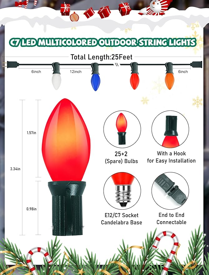 C7 LED Multicolor Christmas Lights 25FT C7 Vintage Christmas Lights with 27 LED Multicolor Glass Bulbs Outdoor String Lights for Xmas Tree Home Yard Patio Decor Green Wire