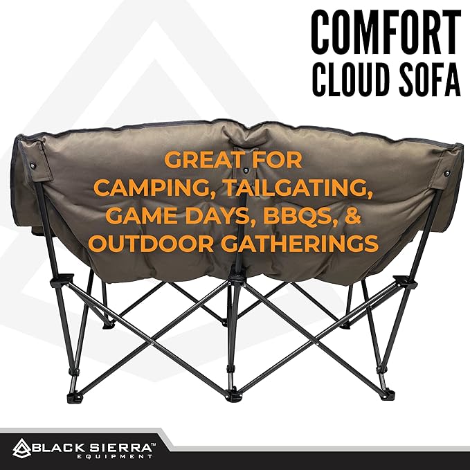 Black Sierra Double Camping Chair for Adults Oversized Folding Loveseat Supports 600 lbs Plush Padded Outdoor Couch with Cup Holders and Carry Bag for Beach Patio RV or Tailgating Events