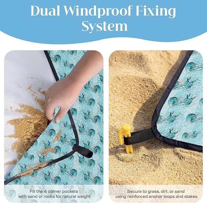 OIGAE 7x7ft Sandproof Beach Blanket - Large Waterproof Picnic Mat for 3-4 People Lightweight Sand Free Mat for Summer Vacation with 6 Stakes &amp 4 Corner Pockets for Beach Camping Festivals