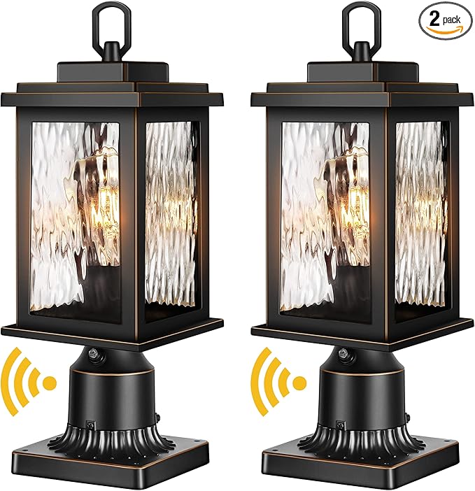 VIANIS Dusk to Dawn Outdoor Post Light Fixture with Pier Mount Base 2 Pack Waterproof Lamp Posts Outdoor Lighting Anti-Rust Aluminum Black Post Lantern Outdoor with Tempered Glass (Hardwired 120V)