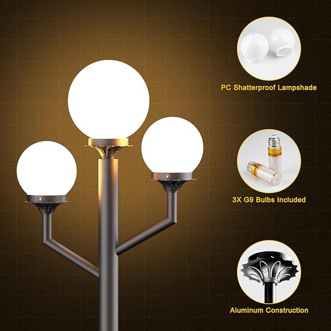 79'' Outdoor Lamp Post Light with Triple Globe Head Waterproof Street Light Pole Lamp for Outside with 3Pcs 10W Bulbs Outdoor Post Light for Garden Yard Patio Driveway-Brown Pole