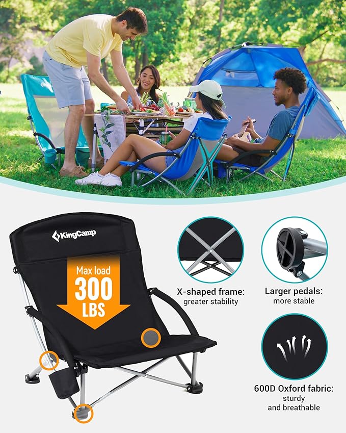 KingCamp Low Beach Chair High Back Folding Camping Chair for Adults Oversized Breathable Mesh Seat 300lbs Heavy Duty Portable Chair with Cup Holder &amp Storage Pockets for Beach Outdoor