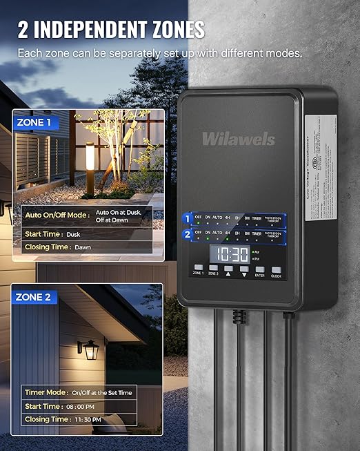 400W Low Voltage Landscape Transformer 2 Zone Independent Control 120VAC to 12/14V AC Low Voltage Transformer Landscape Lighting Transformer with Timer &amp Photocell Sensor ETL Listed D28LT06
