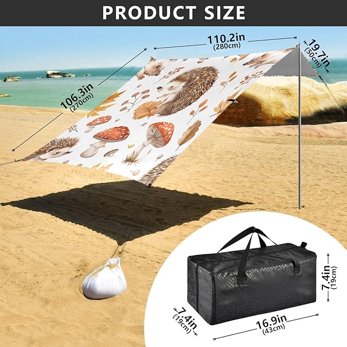 Cute Hedgehogs Beach Tent Sun Shelter 9.2' x 10.5' Beach Canopy with 4 Sandbags 4 Stability Poles Sand Shovels - Tent Canopy for Beach Camping Fishing Picnics
