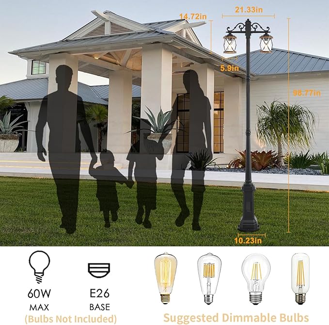 Dusk to Dawn Outdoor Lamp Post Lights with GFCI OutletDouble-Head Farmhouse Street Light FixtureAluminum Black Pole Exterior Lights Waterproof Lantern Outdoor Lighting (Heighten)