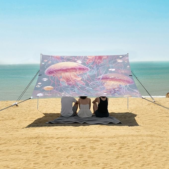 Bolaz Beach Canopy Tent Sun Shade9'×10.5' Large Family Beach Shade UPF50+- Outdoor Shade for Camping Trips FishingPink Jellyfish
