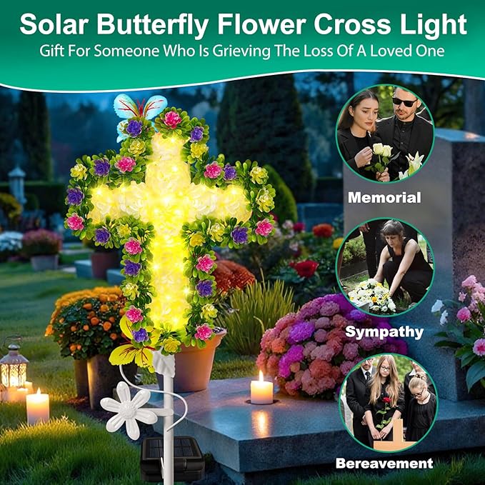 2 Pack Solar Flower Cross for Cemetery Grave Grave Decorations for Cemetery Solar Crosses Sympathy Memorial Gifts for Garden Lawn Yard Patio Decor