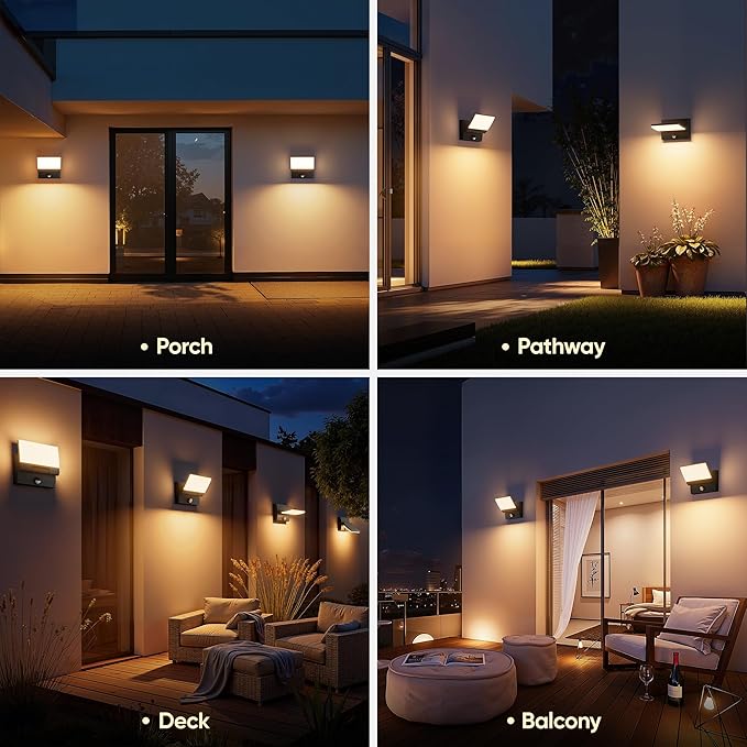 Motion Sensor LED Outdoor Wall Light 2-Pack Rotatable Adjustable Wall Sconce IP65 Waterproof Porch Light for House Garage Patio 3000K Warm White Matte Black Aluminum