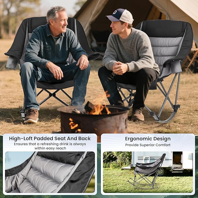 Oversized Rocking Camping Chair for Adults 400LBS Capacity Foldable Outdoor Rocker with Padded Seat Cup Holder Portable Camp Chair for Camping Backyard Patio Beach (Dark Black 2 PCS)