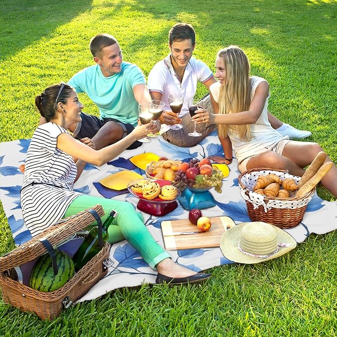 Waterproof Sandproof Beach Blanket 59''×68'' Branch Blue Leaves Polyester Outdoor Picnic Blanket with 4 Stakes &amp Storage Bag for BeachCampingVacation White