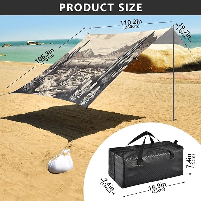 Cactus Desert Pattern Beach Tent Sun Shelter 9.2' x 10.5' Beach Canopy with 4 Sandbags 4 Stability Poles Sand Shovels - Tent Canopy for Beach Camping Fishing Picnics