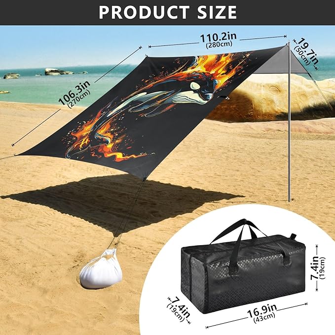 ALAZA Killer Whale Flame Beach Tent Sun Shelter UPF50+ Protection Beach Shade Canopy w/ 4 Sandbags for Outdoor Camping Fishing Backyard Fun Picnic 10x9 ft
