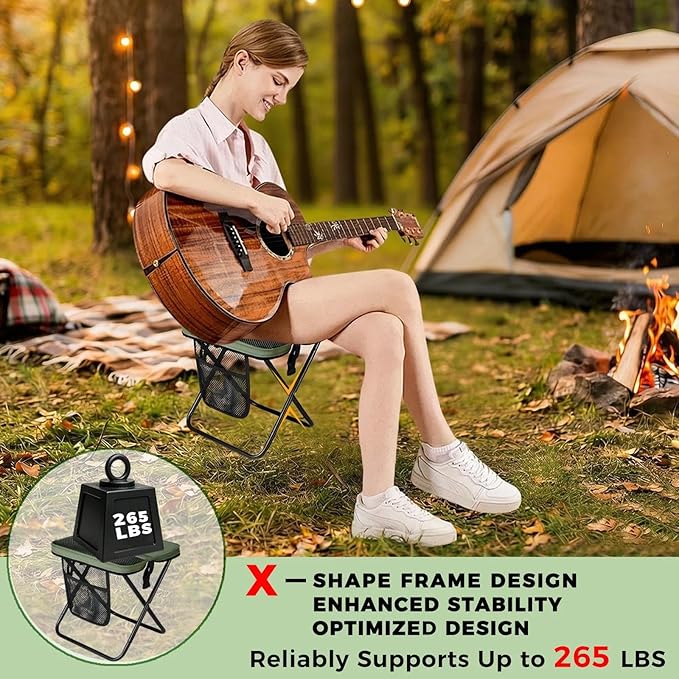 Portable Collapsible Stool - Folding Chair with Storage Pouch Convertible Satchel for Hands-Free Carry &amp Supports 265Lbs Ultralight for Hiking Fishing Camping Festivals (Green)
