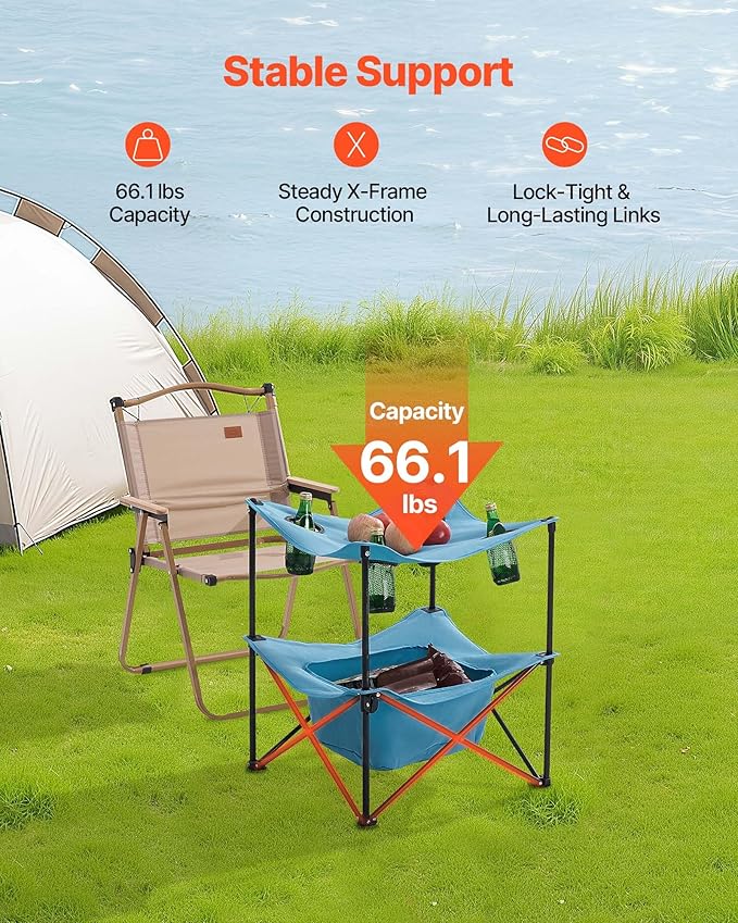 VEVOR Folding Camping Table Portable Outdoor Lightweight Picnic Table 600D Oxford Fabric Waterproof Canvas Travel Beach Tables with 4 Cup Holders Carry Bag for Tailgating Camping Picnic Blue