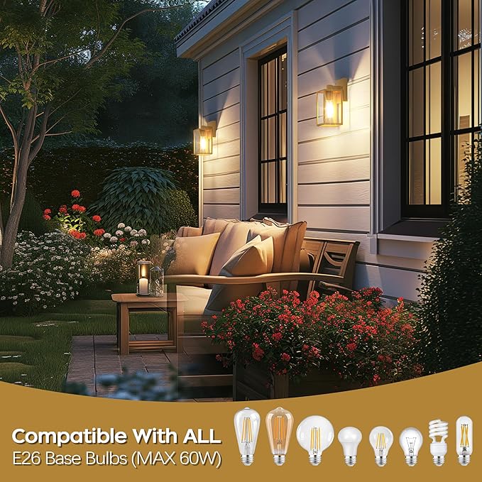WIHTU Gold Outdoor Exterior Light Fixture for House LED Front Porch Lights for House Waterproof Wall Sconce Lantern Lamp Outside Coach Lights for Patio Garage Doorway Entryway