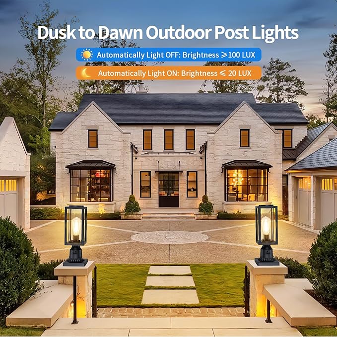 Dusk to Dawn Outdoor Post Lights 2 Packs Lamp Post Light Fixture Modern Black Exterior Post Lantern Fixture with Tempered Glass Anti-Rust Light Posts for Outside for Driveway Patio Garden