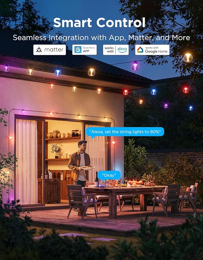 Govee Clear Bulb Outdoor String Lights 48ft RGBWIC Dimmable Patio &amp Backyard Lights with 15 LED Bulbs 111 Modes IP67 Waterproof &amp Shatterproof Works with Alexa Google &amp Matter