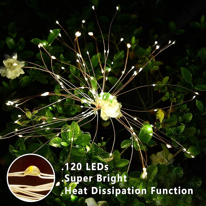 4 PCS Solar Firework Light Outdoor Solar Garden Decorative Lights 120 LED Powered 40 Copper Wires String DIY Landscape Light for Walkway Pathway Backyard Christmas Decoration Parties (Warm White)