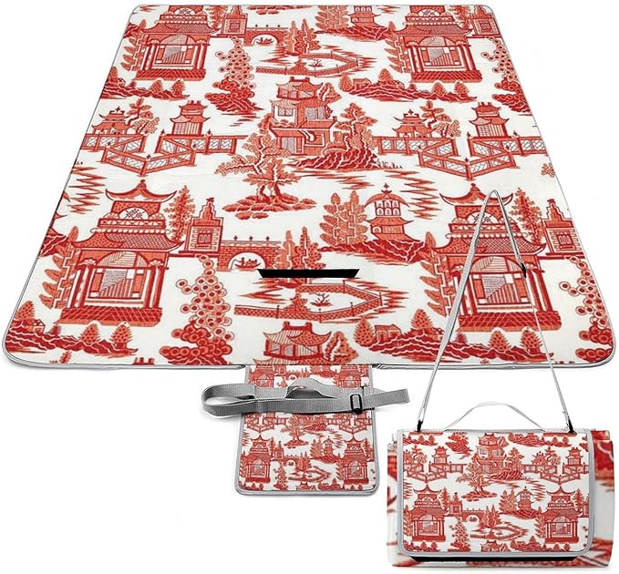 Blue and White Chinese Folk Chinoiserie Style Waterproof Outdoor Picnic Blanket Sandproof Beach Mat for Camping Hiking Grass Travelling