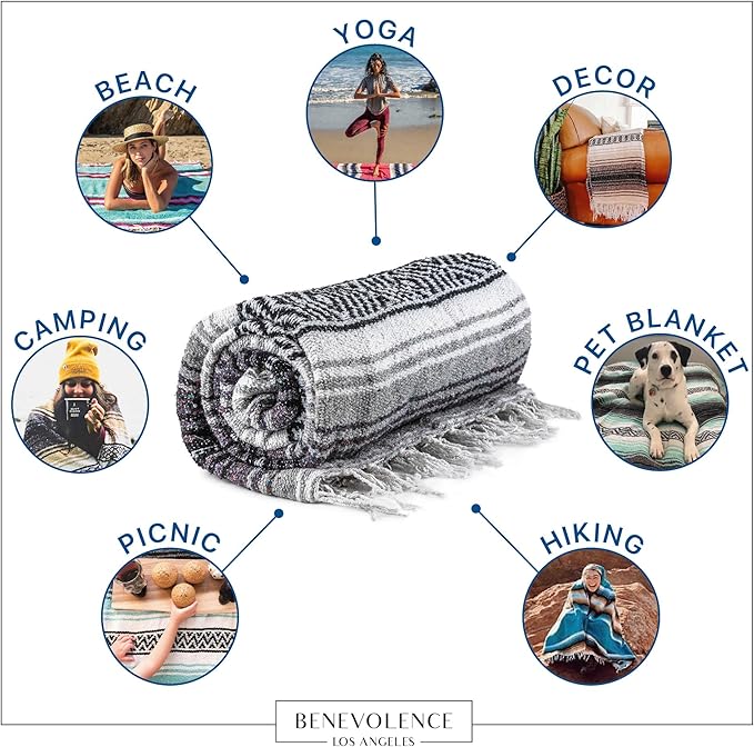 Benevolence LA Authentic Handwoven Mexican Blanket | Yoga Blankets Outdoor Picnic Beach Camping | Equestrian Saddle | Serape 50x70 inches - Gray Pack of 1