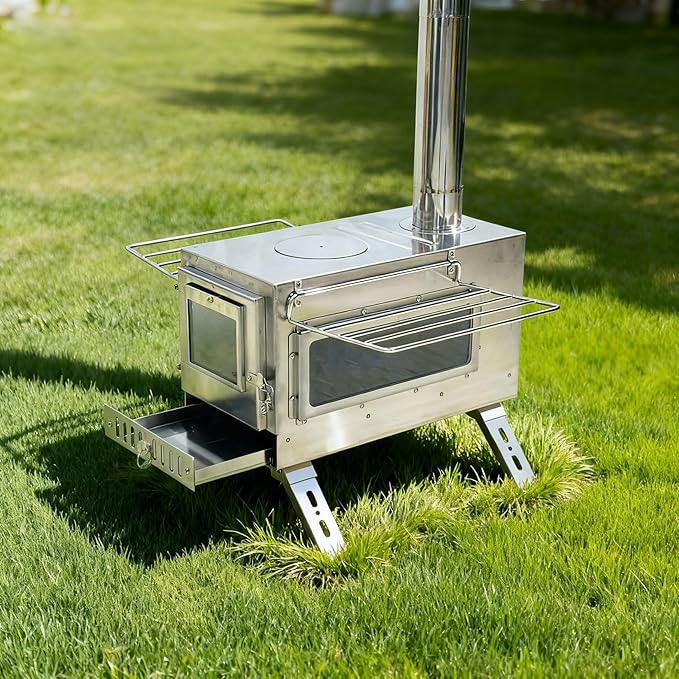 unho Outdoor Wood Burning Stove for Camping Stainless Steel Chimney Pipe Outdoor Heating &amp Cooking Hot Tent Stove