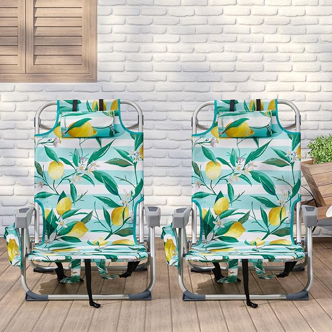 Portable Lightweight Folding Chair for AdultsOutdoor Low Beach Lawn ChairsPortable Backpack Foldable Camping ChairFolding Beach Chairwith Cup Holderfor Patio Pool Yard Garden (Lemon)