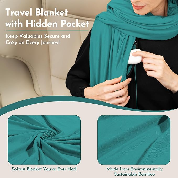 16-in-1 Compact Travel Blanket with Bag – Reversible Ultra Soft Bamboo Airplane Blanket with Hidden Pocket – Packable for Flights &amp Travel Essentials (Semi-Weighted Double Layer)