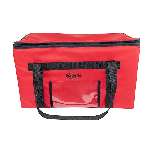 Sterno Delivery Leak Proof Insulated Bag Hot and Cold Container for Catering and Food Transport Durable Red Cloth Exterior with Tear-Resistant Vinyl Liner 15”L x 23”W x 13.5”H