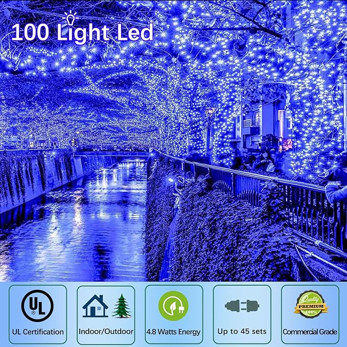 50ft 100 Counts Blue LED Outdoor Christmas Lights - Commercial Grade Waterproof Green Wire Xmas Lights IP65 UL