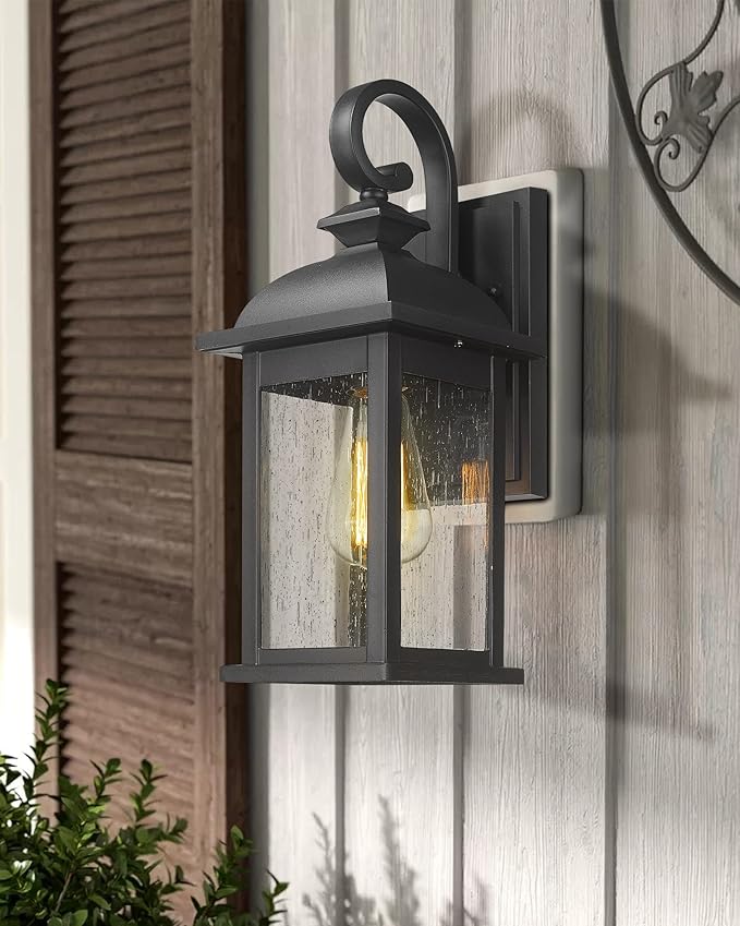 FEMILA Exterior Wall Sconce2 Packs Outdoor Waterproof Wall Lights FixtureE26 Socket Wall Lantern for PorchAnti-Rust Matte Black Finish with Seeded Glass Lampshade4FD54B-2PK BK