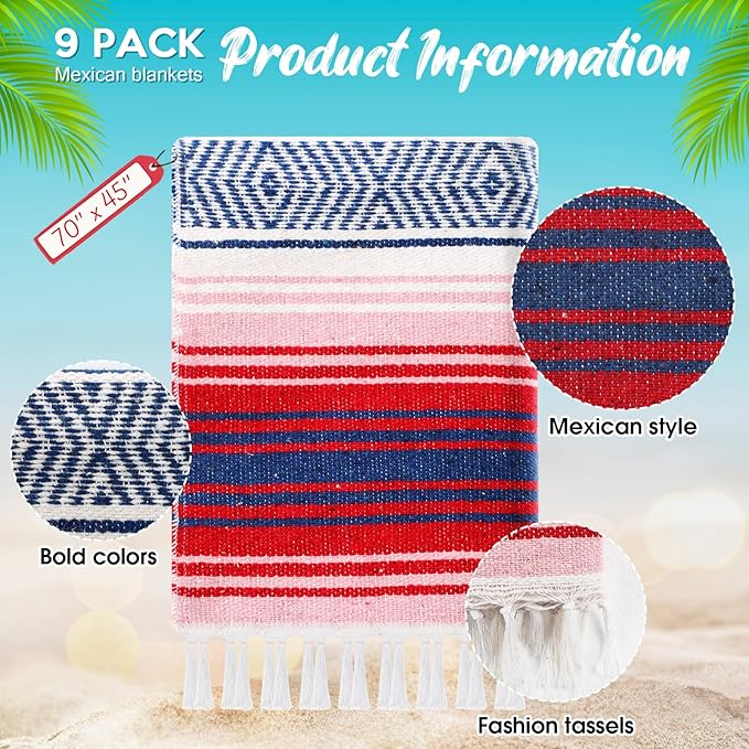 Peryiter 9 Pcs Mexican Blanket Bulk Large Yoga Blanket Striped Falsa with Fringed for Outdoor Beach Picnic Couch 45 x 70 inch(Pastel Colors)
