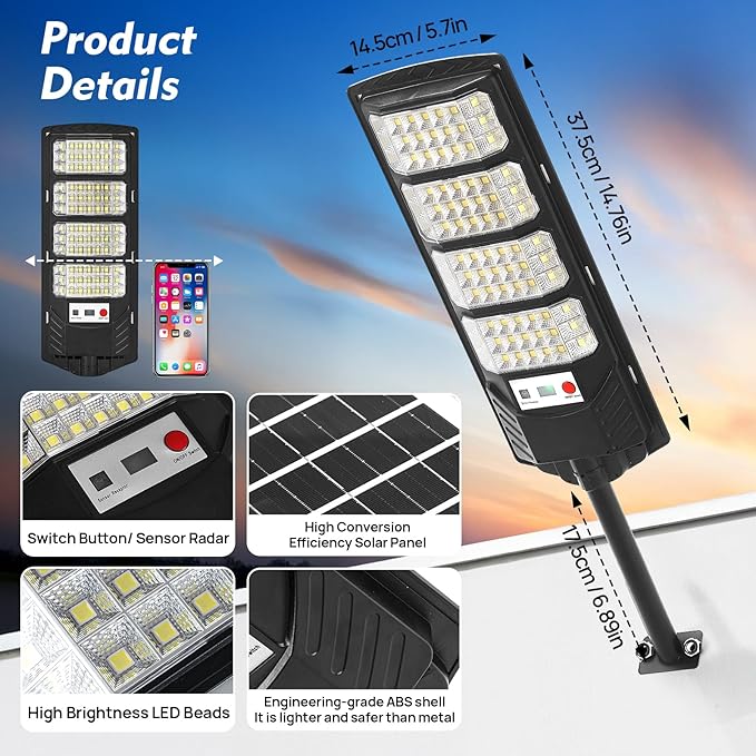 Solar Street Light Outdoor Waterproof Motion Sensor Solar Powered Light Dusk to Dawn LED Solar Parking Lot Flood Light for Outside Yard Garden Path-1PC