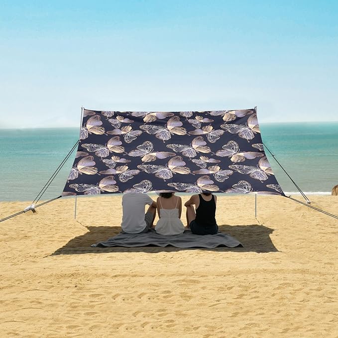 Camping Sun Shelters Decorative Purple and Golden Butterflies Beach Canopy 126 * 110.2in
