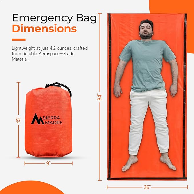 Sierra Madre Emergency Sleeping Bag – Ultralight Waterproof Mylar Thermal Bivy Sack Tent for Hiking Bug-Out Bags Survival Kits