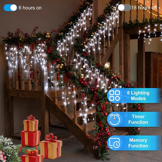 504LED 50ft Christmas Lights 112Drops 12 Modes Cool White Christmas String Lights Outdoor Dimmable Waterproof Christmas Decoration Fairy Lights with Timer for Indoor Eaves Party Patio Window Fence