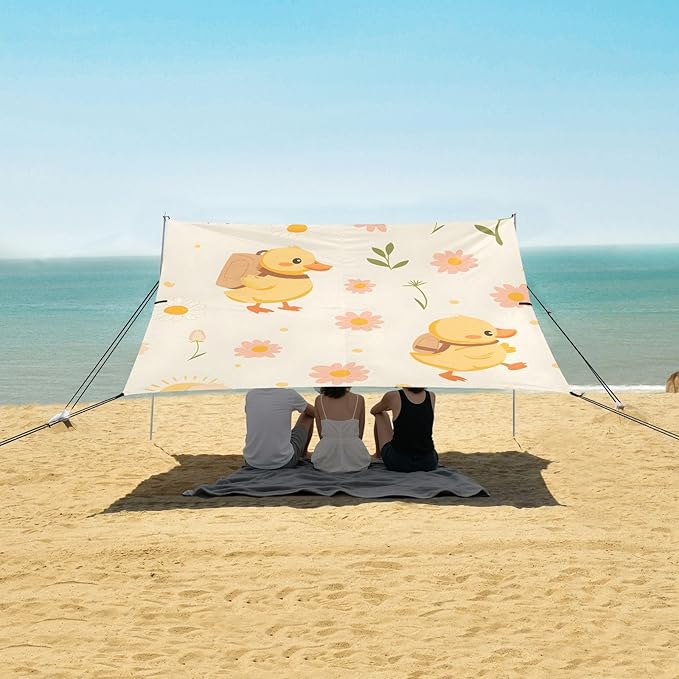 Cute Little Yellow Duck Carrying Backpack Daisy Camping Sun Shelter Beach Tent Portable Beach Sun Shade Outdoor Canopy for Camping Trips Fishing Picnic