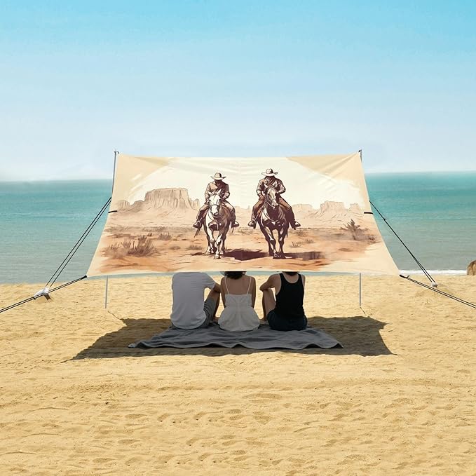 Western Cowboys Pattern Beach Tent Sun Shelter 9.2' x 10.5' Beach Canopy with 4 Sandbags 4 Stability Poles Sand Shovels - Tent Canopy for Beach Camping Fishing Picnics
