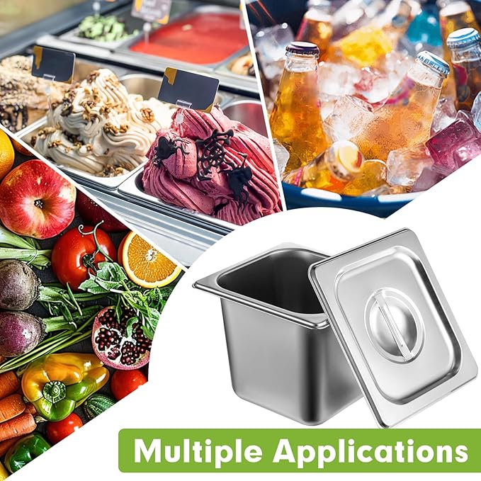 6 Pack Stainless Steel Hotel Pans with Lid 1/6 Size x 6 Deep Steam Table PAN 0.8 mm Thick Commercial Food Storage Containers Anti Jam Pan Stainless Steel Steamer Pan for Hotel Restaurant Buffet