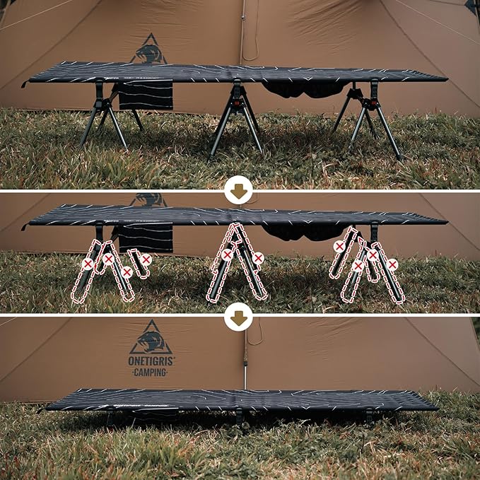 ONETIGRIS SUPRANUBIS Camping Cot Height Adjustable with Cot Leg Extenders Strong Support 330lbs Lightweight Comfortable Folding Bed for Camping Hiking Travel Truck Beach Office Nap