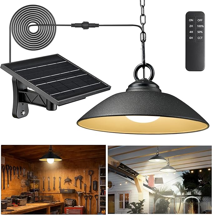 Solar Pendant Lights with Remote Control 3 Color 2 Brightness Mode Timer 8 inch Outdoor Hanging Shed Gazebo Chandelier Lamp Chicken Coop Barn Porch Light Dusk to Dawn 1 Pack
