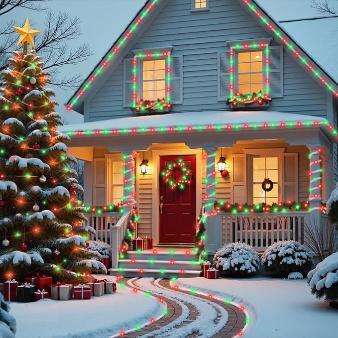 YEGUO Solar Christmas Light Outdoor Waterproof 66ft 200 LED Red and Green Rope Lights 8 Modes Tube String Lights in Clear Thin Tube
