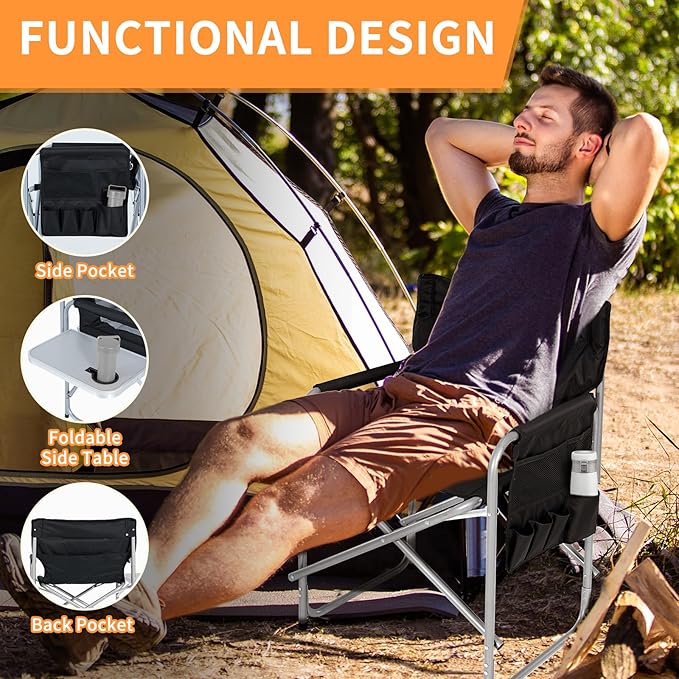 MOPHOTO Heated Camping Chair Portable Directors Chair with 3 Heat Levels Outdoor Heating Folding Camp Chairs with Side Table Pocket for Camping Fishing Picnic Lawn