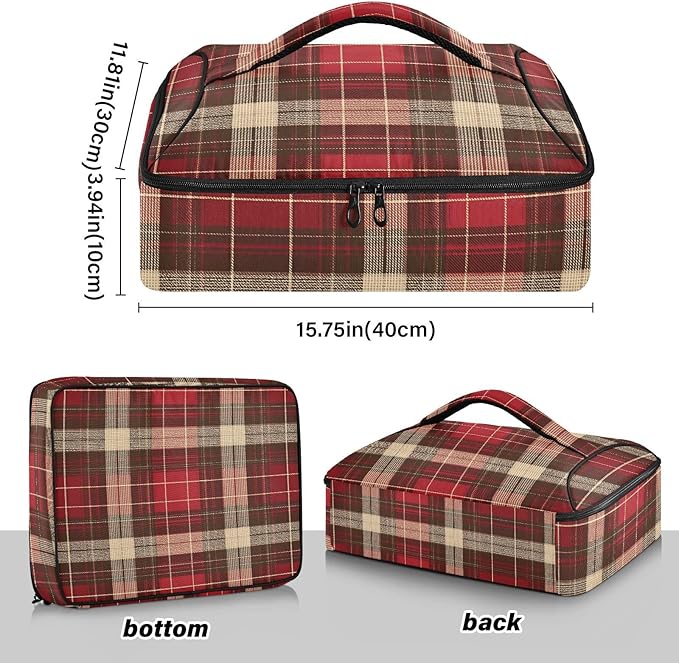 Casserole Carrier Red and Brown Tartan Insulated Casserole Carrier for Hot or Cold Food Thermal Lunch Tote for Parties Picnic Travel Carry Bag