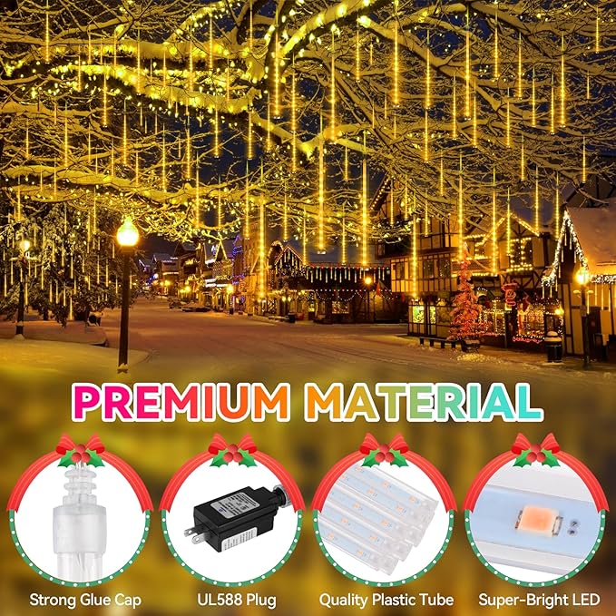 KNONEW Christmas Lights Outdoor 15 inch 24 Tubes 672 LED Meteor Shower Lights Plug in Waterproof Falling Rain Light for Xmas Tree Wedding Party Garden Holiday Rooftop Decorations (Warm White)