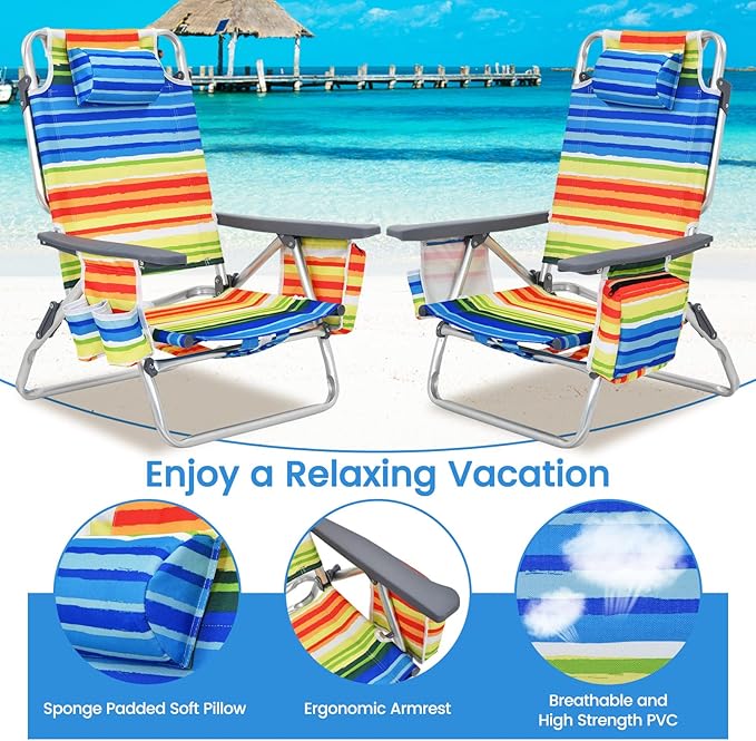 Tangkula Set of 4 Backpack Beach Chair 5-Position Lay Flat Beach Chairs with Cooler Bag 2 Cup Holders Towel Bar Lightweight Low Folding Beach Chair with Backpack Straps Yellow