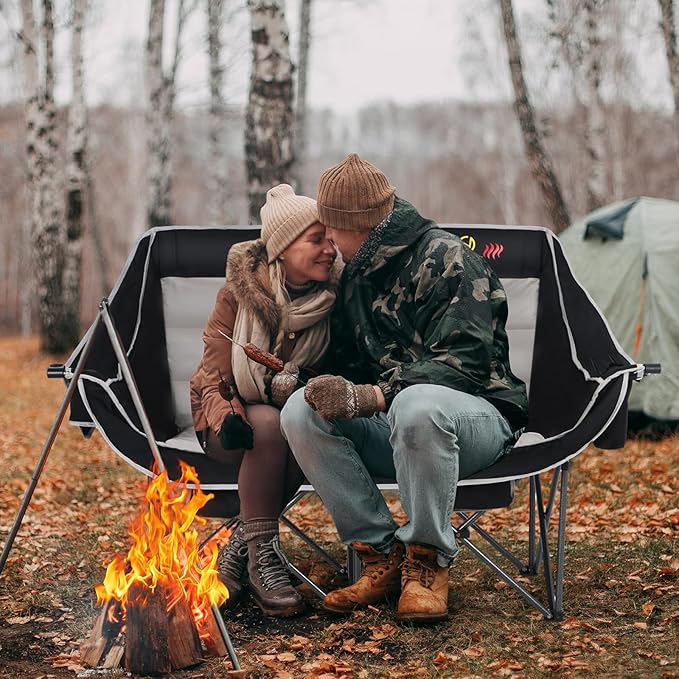 Nice C Heated Camping Chair with Battery Outdoor Heated Folding Chairs Double Padded Camping Chair for Adults Camping Couch with Cooler Bag 2 Power Banks Included (Black&ampGrey)