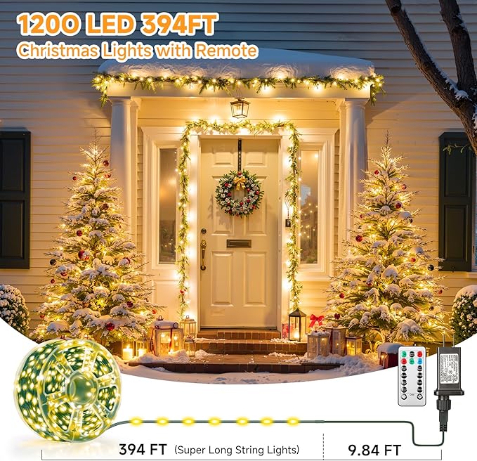 Mlambert 1200 LED Christmas Lights 394FT Outdoor Waterproof Dimmable Fairy Lights with Remote 8 Modes Indoor Lighting for Holiday Décor Warm White