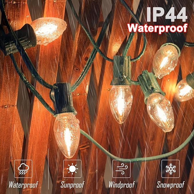 C7 LED Christmas String Lights 25FT Vintage String Lights with 27 Clear LED Bulbs(2 Spare) Hanging Outdoor Lights for Christmas Party Backyard Wedding - Green Wire